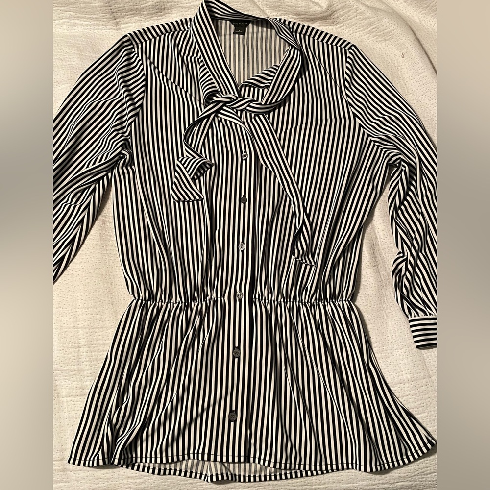 Ann Taylor Striped Pussybow Button Down, small